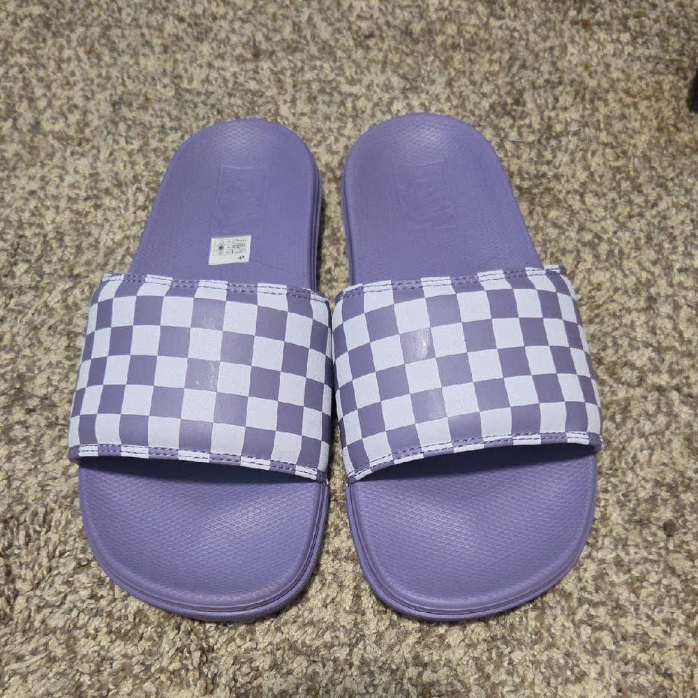 Womens Purple Check Slide Sandals